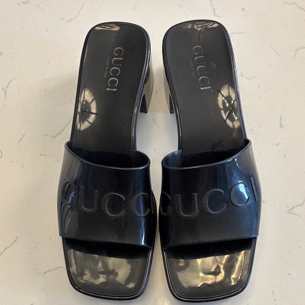 Gucci Black Patent Logo Slide Mules